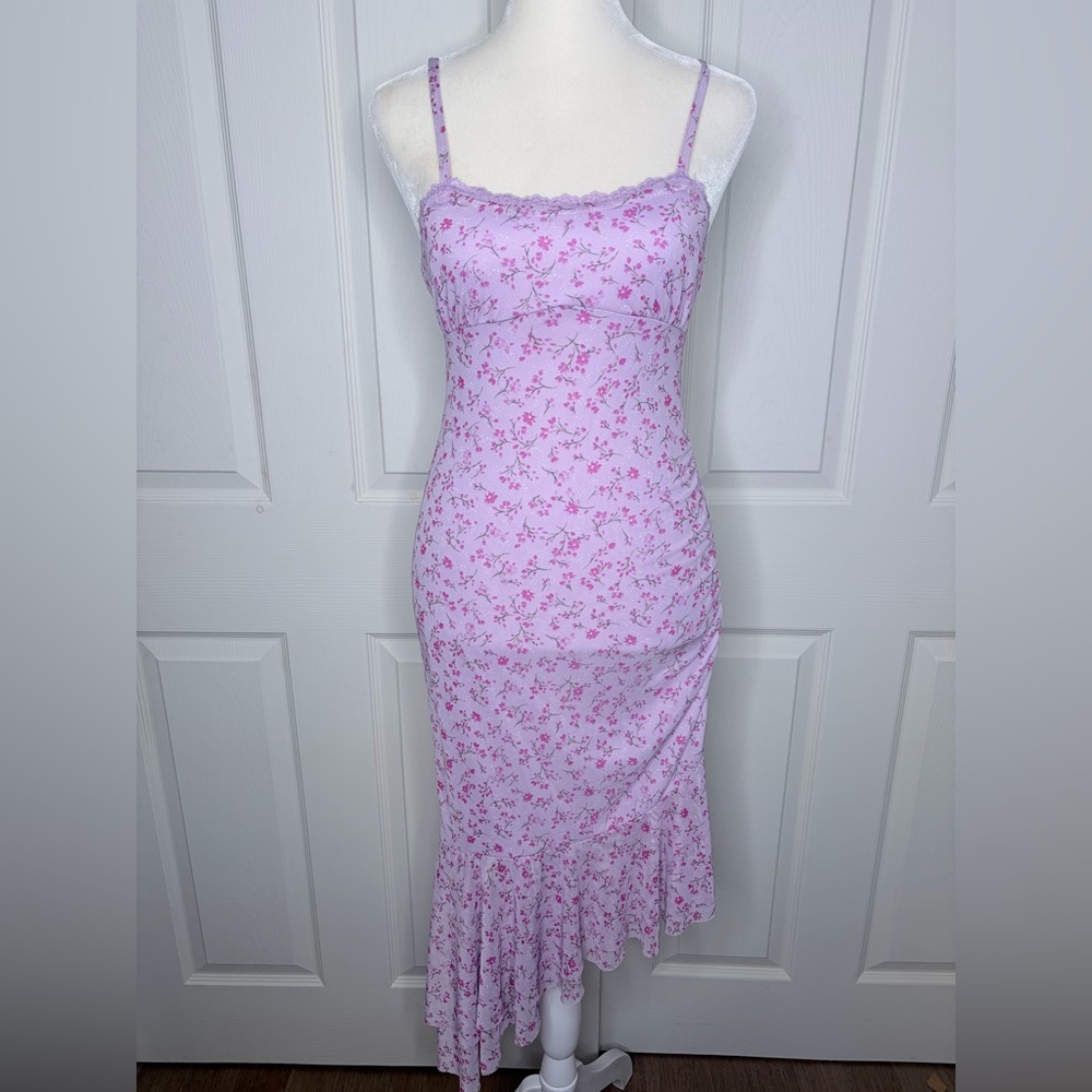 Lilac floral mini dress with asymmetrical ruffle trim adjustable straps sz xxs - Picture 3 of 12